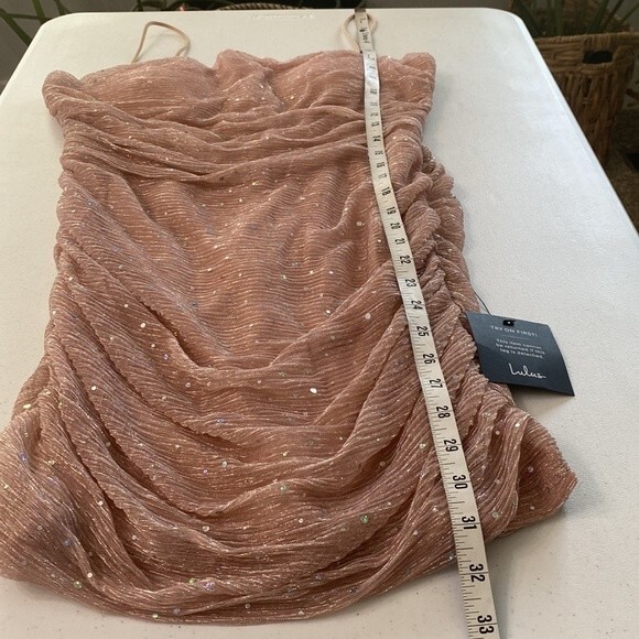 Lulus Flirty Vibes Mauve Pink Sparkly Ruched Bodycon Mini Dress Sleeveless - Picture 15 of 16